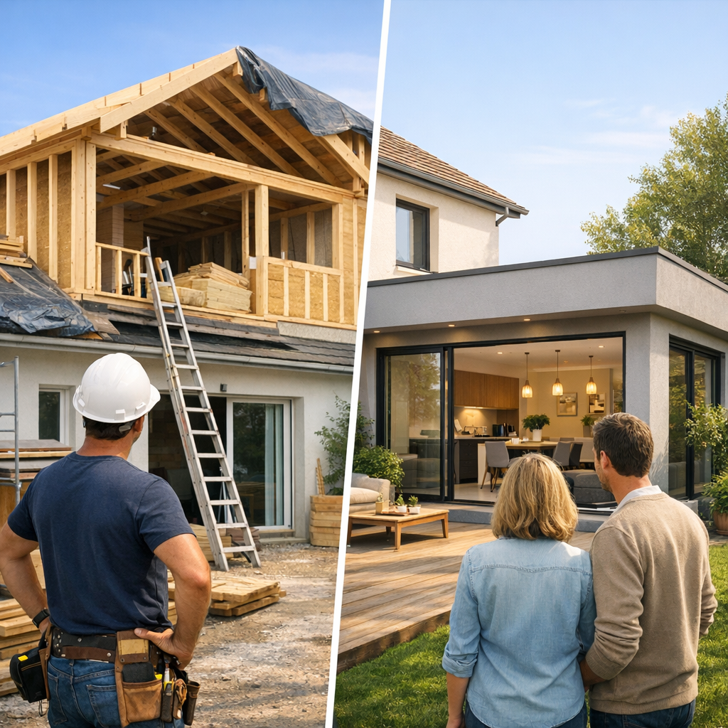 Split image of a construction site on the left with a builder in a hard hat and a completed modern home on the right, showing a couple admiring the interior through the large glass doors.