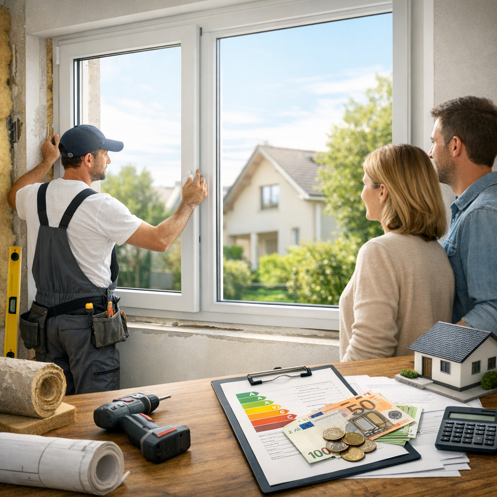 A contractor installs a window while a couple observes from inside their home, with renovation materials and financial documents on a table nearby.