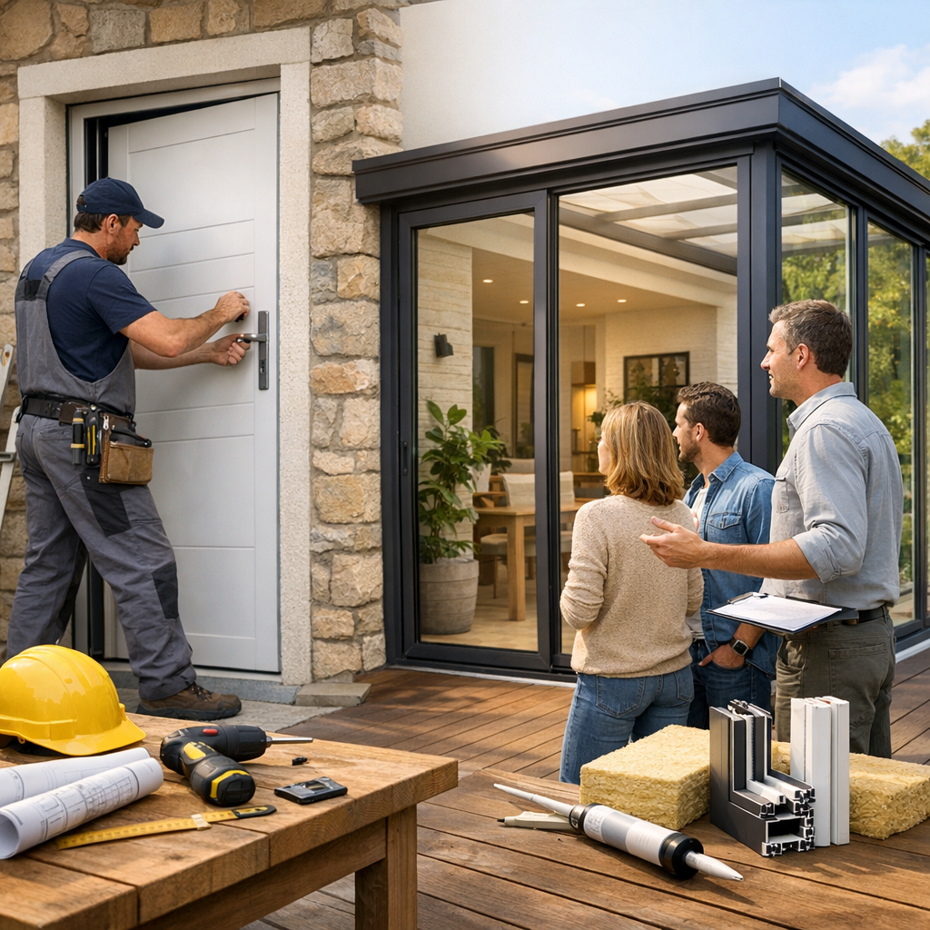 A contractor installs a door while three clients observe, with tools and building materials on a wooden deck in the foreground.