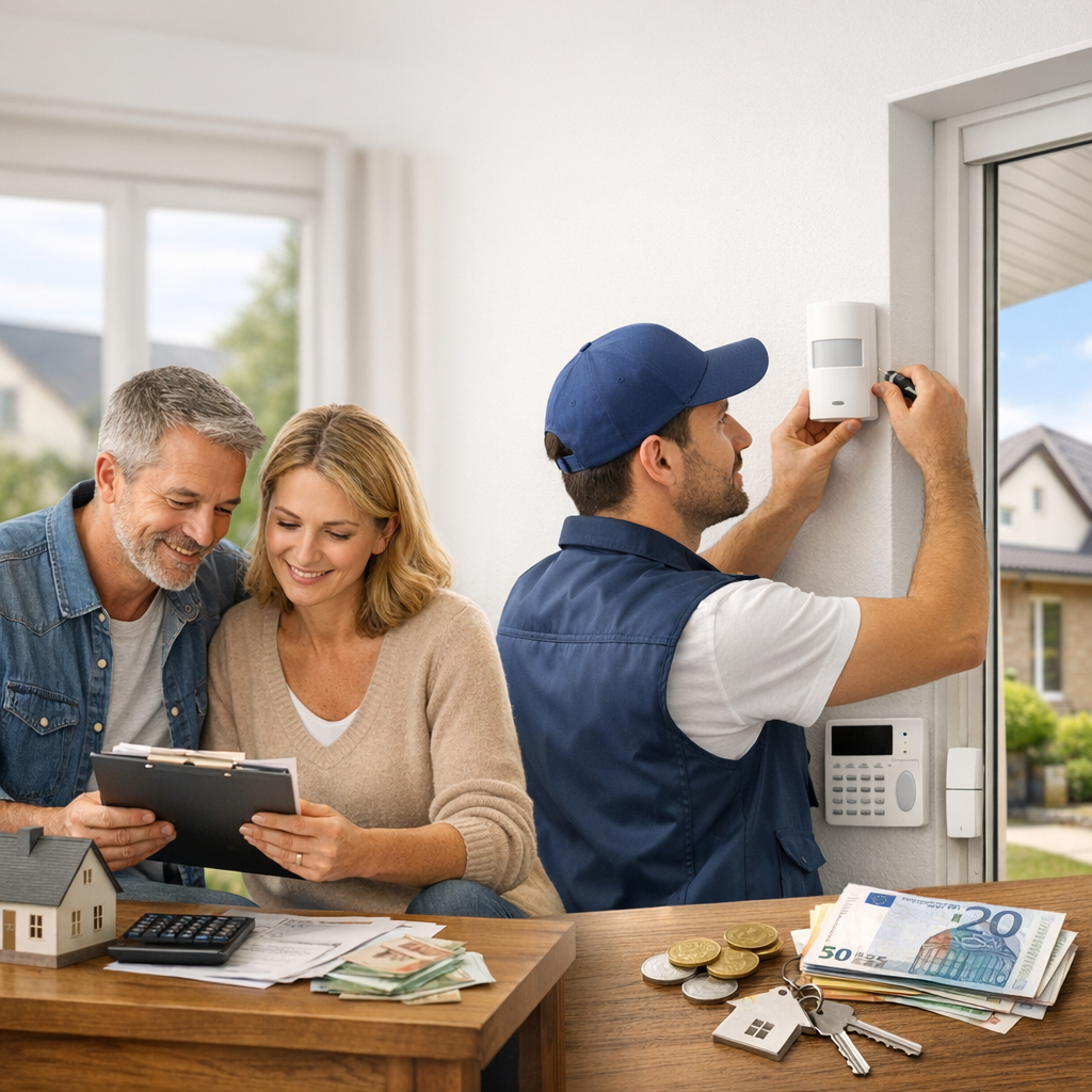 A technician installs a security system while a couple reviews paperwork and financial documents at a table with money and keys.