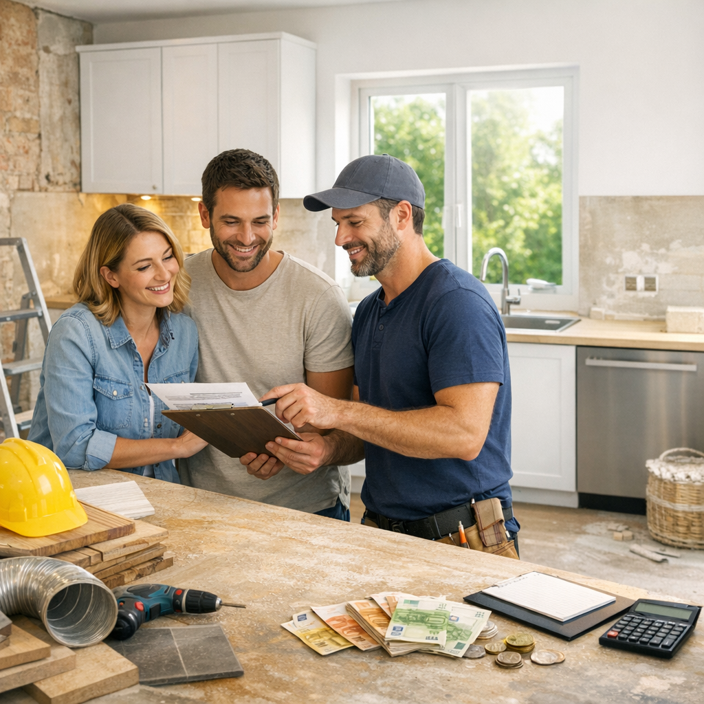 Three individuals discuss plans and paperwork in a kitchen under renovation, with tools and materials on a worktable.