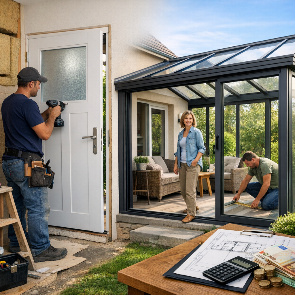 A contractor installs a white door while a woman smiles outside, and another worker measures the floor inside a glass conservatory.