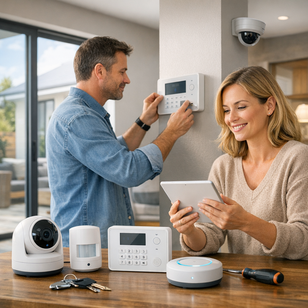 A man installs a security system on the wall while a woman smiles and uses a tablet at a table with various home security devices.