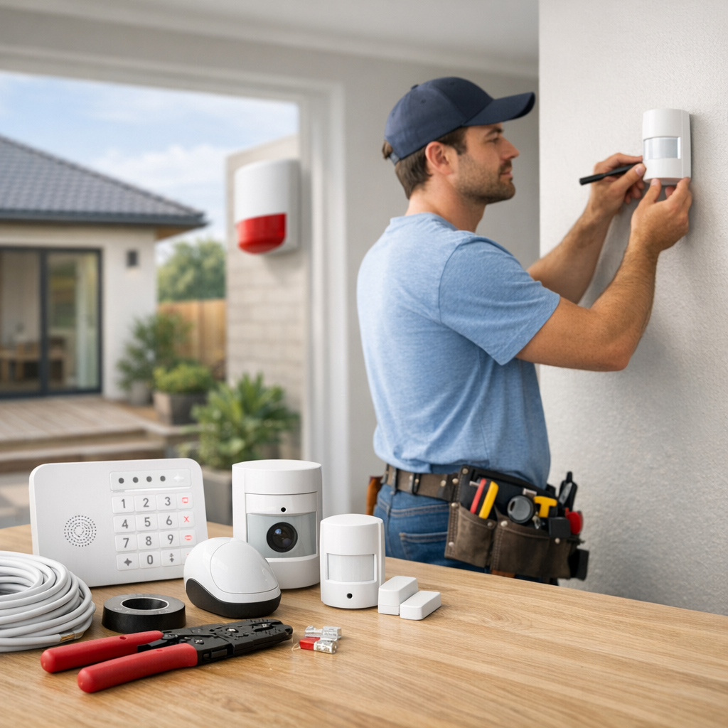 A technician installs a security sensor on a wall while tools and equipment are spread on a table nearby.