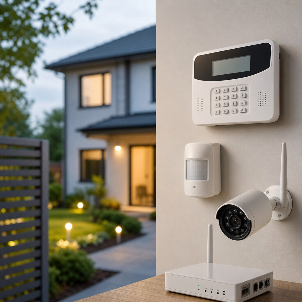 A home security system with a control panel, motion sensor, and surveillance camera mounted on a wall, with a garden visible in the background.