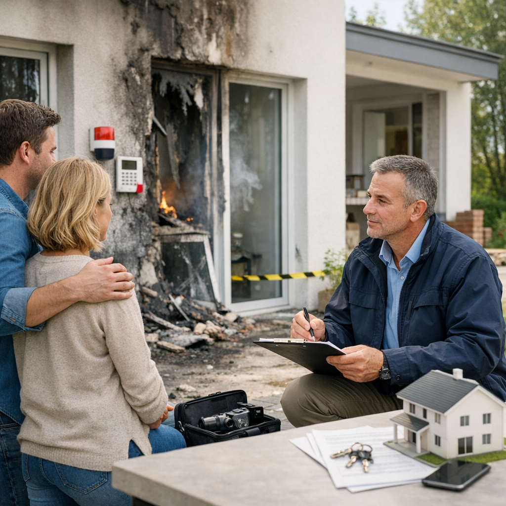 A man in a jacket takes notes while speaking with a distressed couple in front of a fire-damaged home.