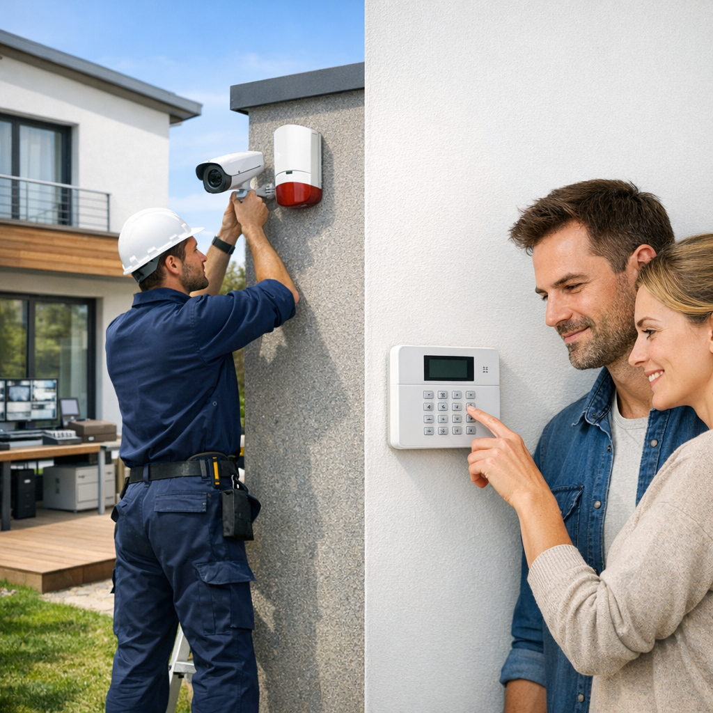 A technician in a hard hat installs a security camera while a couple interacts with a security keypad on the wall.