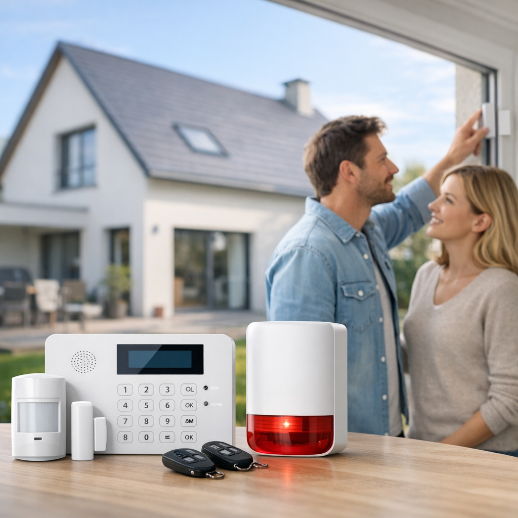 A couple stands by a window in front of a home, with a security system including a control panel, sensors, and remote keys on a table nearby.
