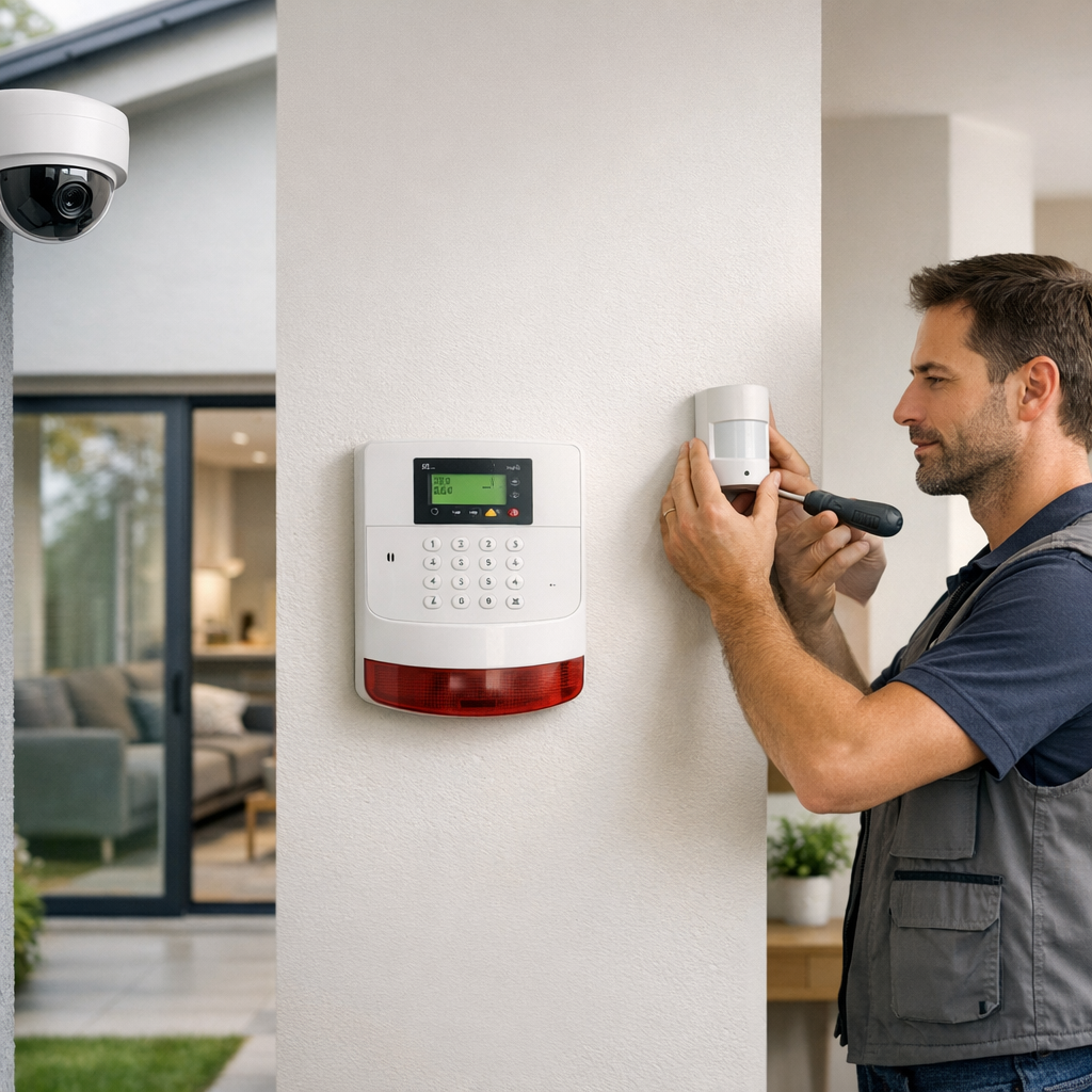 A man installs a security sensor next to a control panel mounted on a wall, with a surveillance camera visible above.