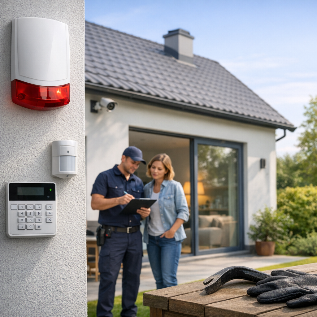 A technician discusses a security system with a homeowner outside a house, with tools on a wooden table nearby.