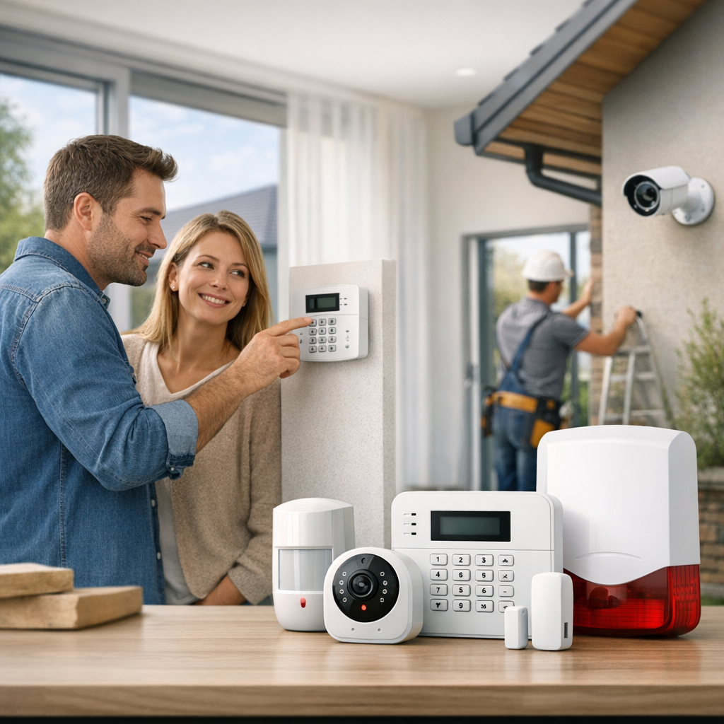 A couple interacts with a security system interface while a worker installs a camera outside, with various security devices displayed on a table.