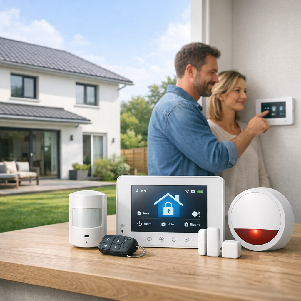 A man and woman interact with a smart home security system displayed on a touchscreen panel outdoors, with various security devices on a table nearby and a house in the background.