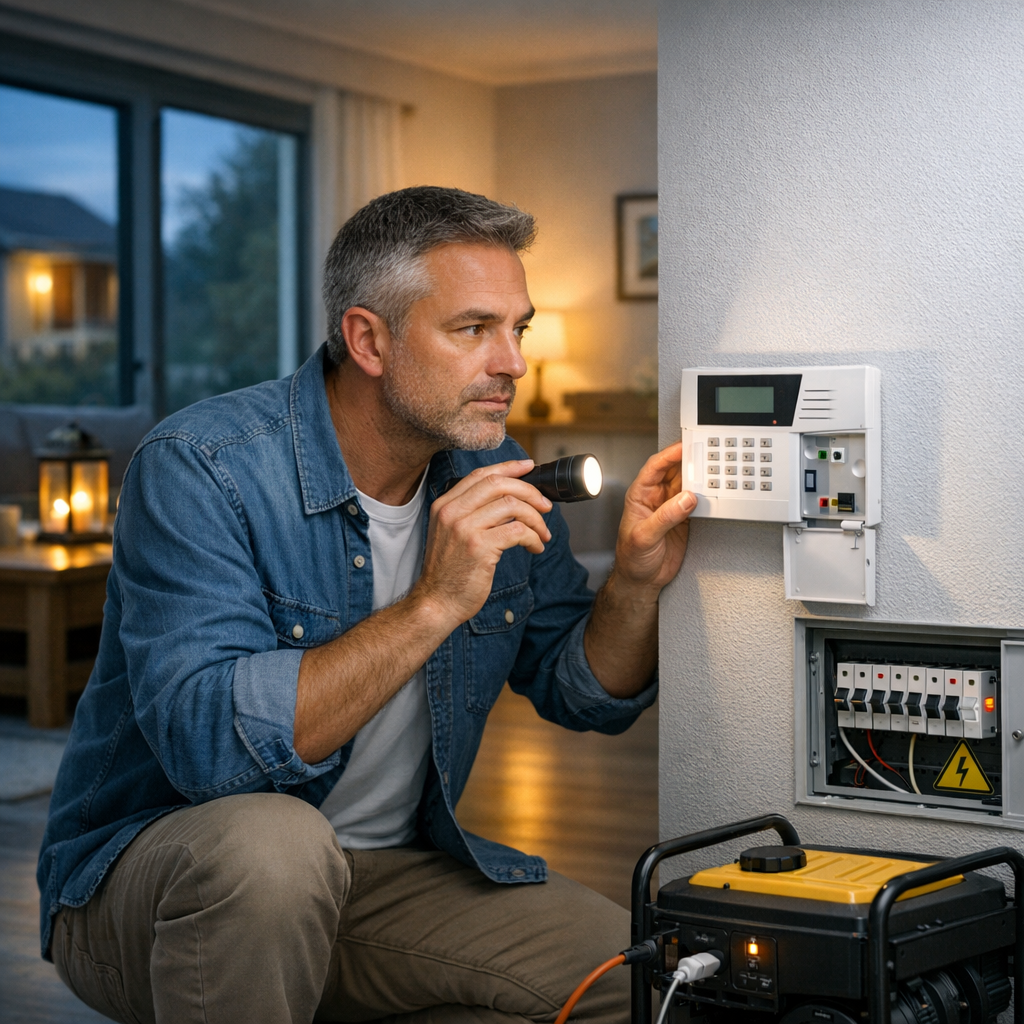 A man kneels beside a wall-mounted control panel while using a flashlight to inspect it.