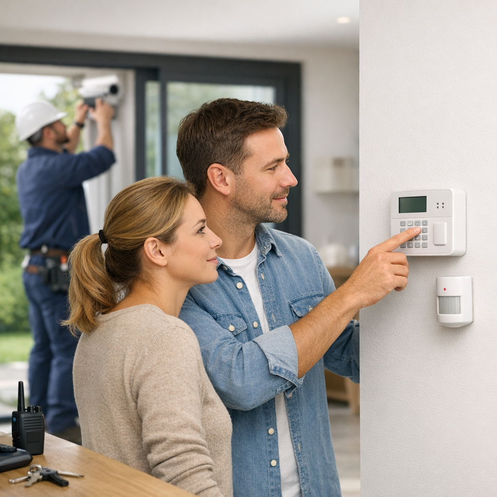 A man and a woman interact with a wall-mounted security system while a technician works on a camera installation in the background.