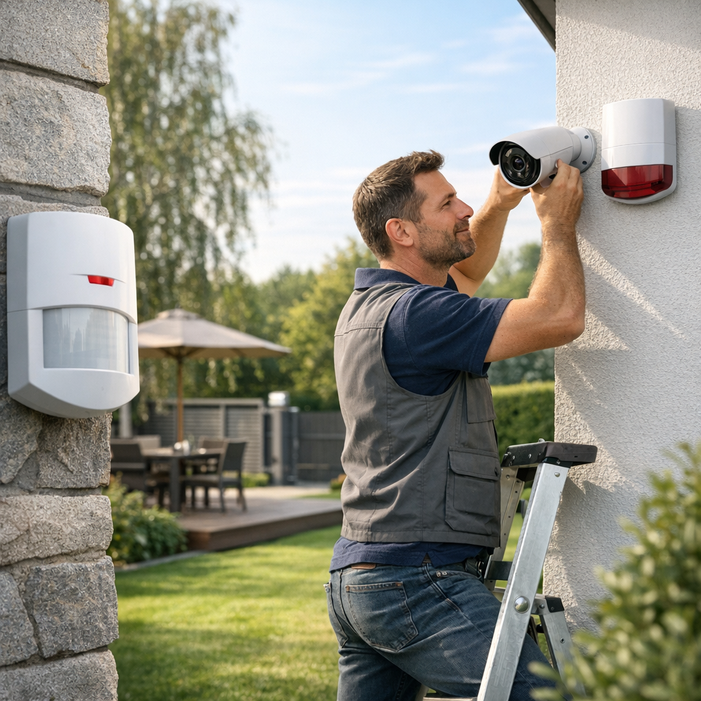 A man stands on a ladder attaching a security camera to a wall, with a motion sensor and alarm unit visible nearby.