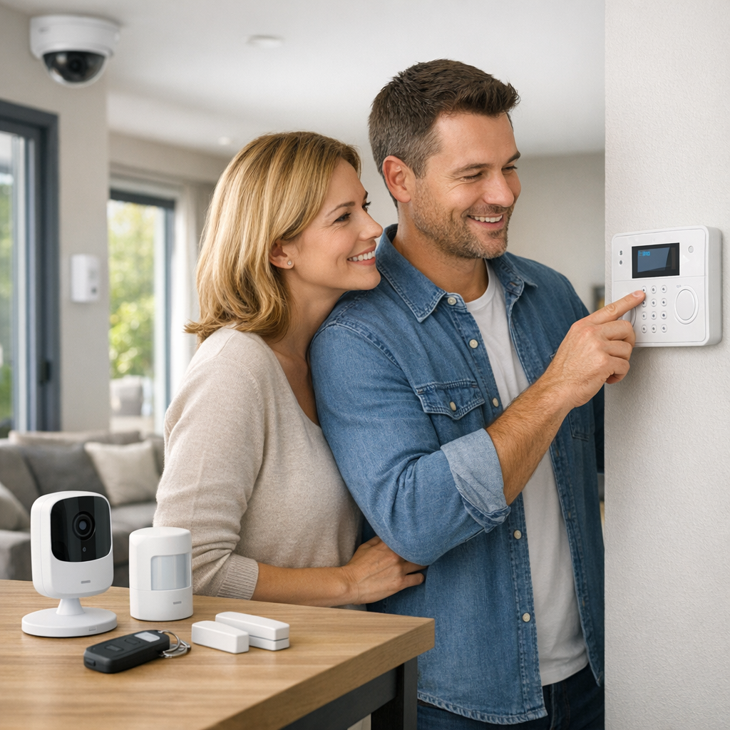 A man and woman stand together in a home, smiling as the man interacts with a security control panel mounted on the wall, while various security devices are on the counter nearby.