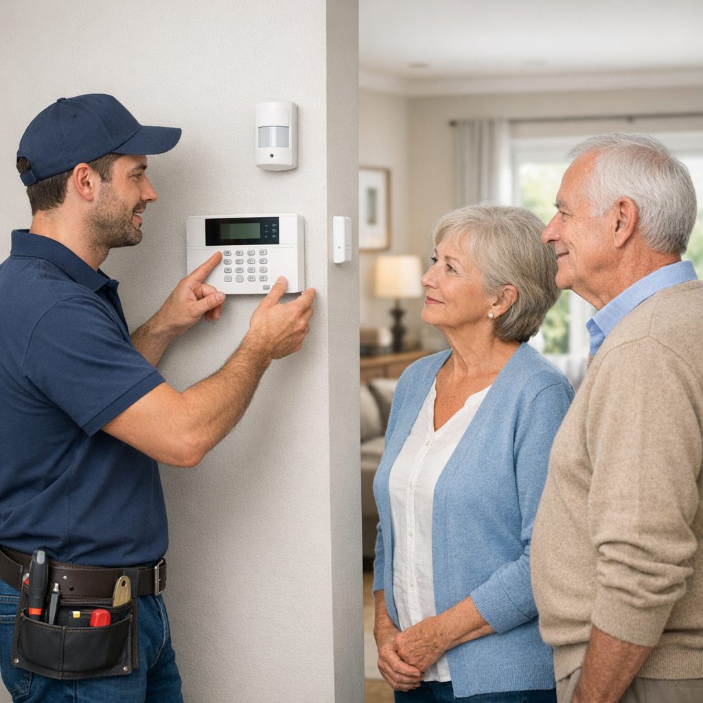 A technician demonstrates a security system to an elderly couple in a well-lit living room.