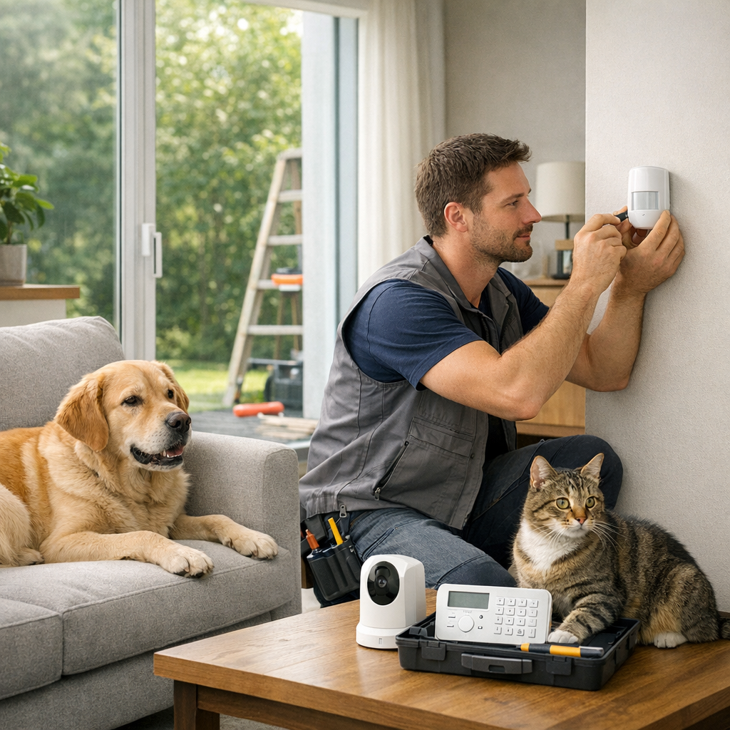 A technician installs a security device on a wall while a golden retriever rests on the couch and a cat sits on the table beside tools and equipment.