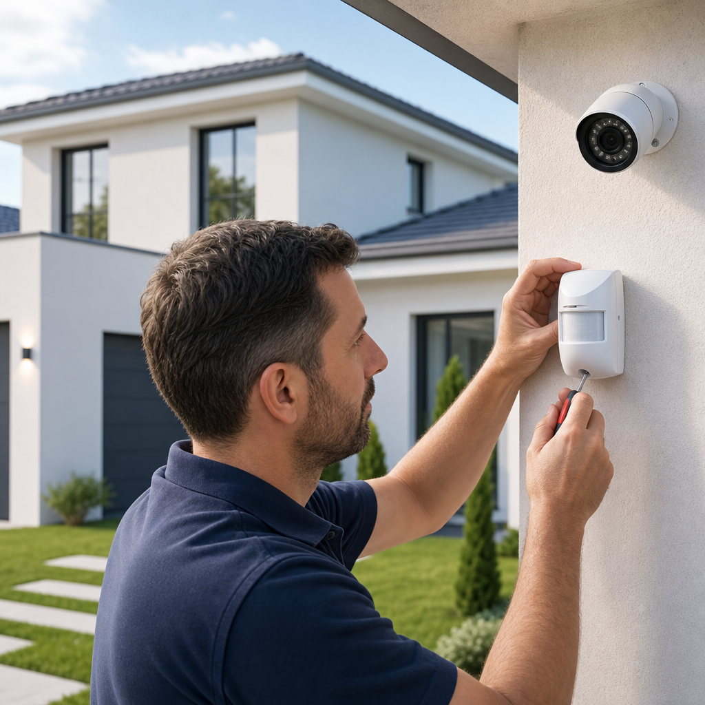 A man in a navy polo shirt installs a security camera and motion detector on the exterior wall of a modern house.