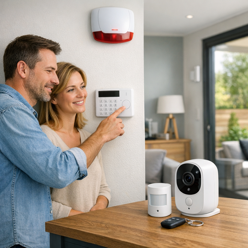 A couple smiles while interacting with a home security system, featuring a keypad and various surveillance devices on a table.