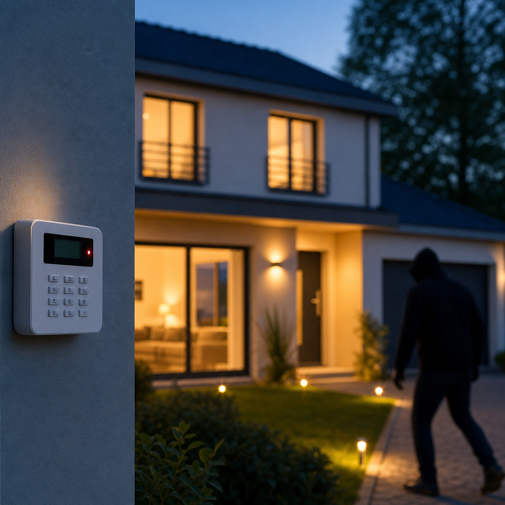 A person in a hoodie approaches a modern house at dusk, with a visible security keypad on the wall.
