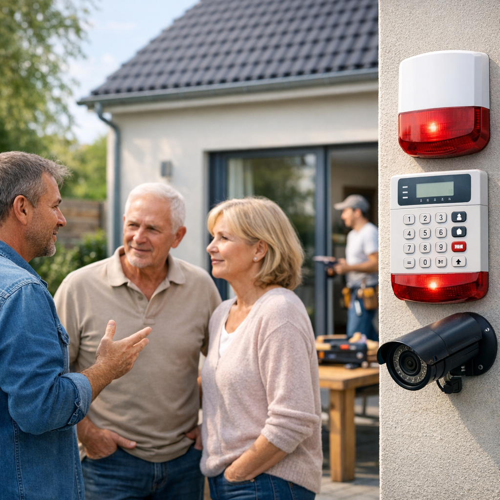 A man explains a security system to an older couple outside their home, with security equipment visible on the wall.