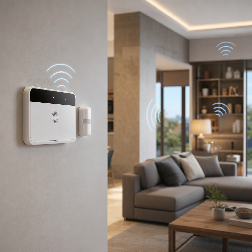 A modern living room featuring a wall-mounted security system with a sensor and wireless signals displayed, next to a cozy sofa and a bookshelf.