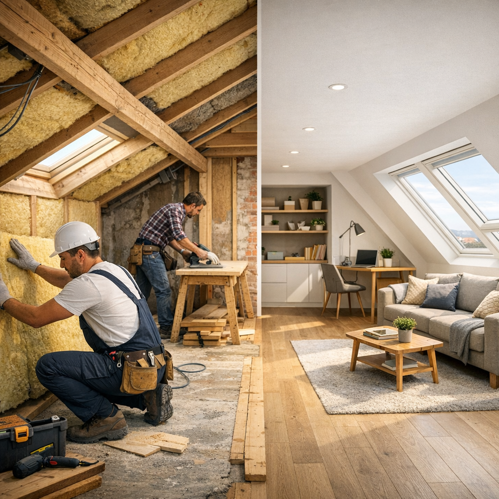 A construction worker installs insulation in an attic on the left, while a modern living space with a desk and couch is visible on the right.