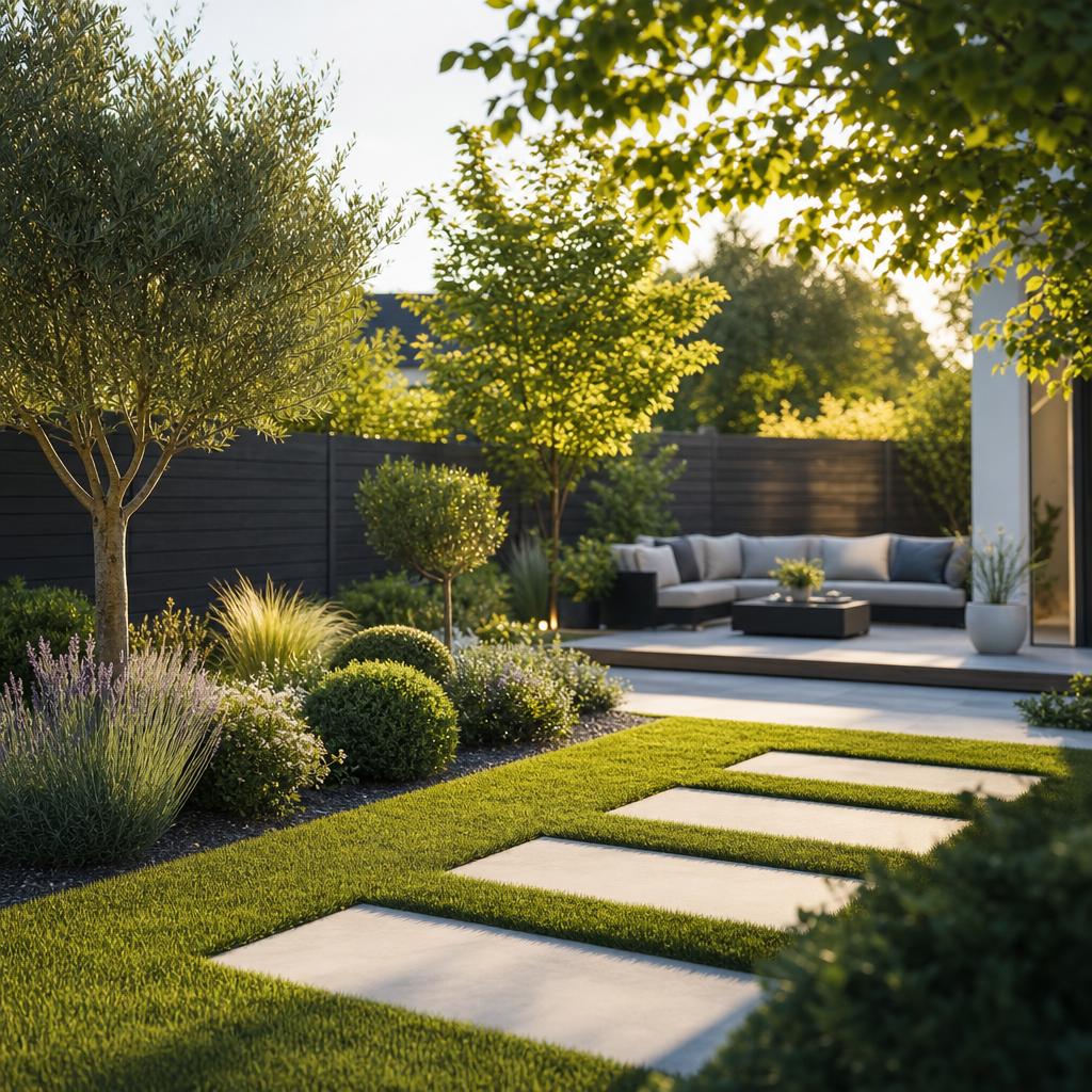 A beautifully landscaped garden featuring lush greenery, patterned stone pathways, and a modern seating area in soft sunlight.