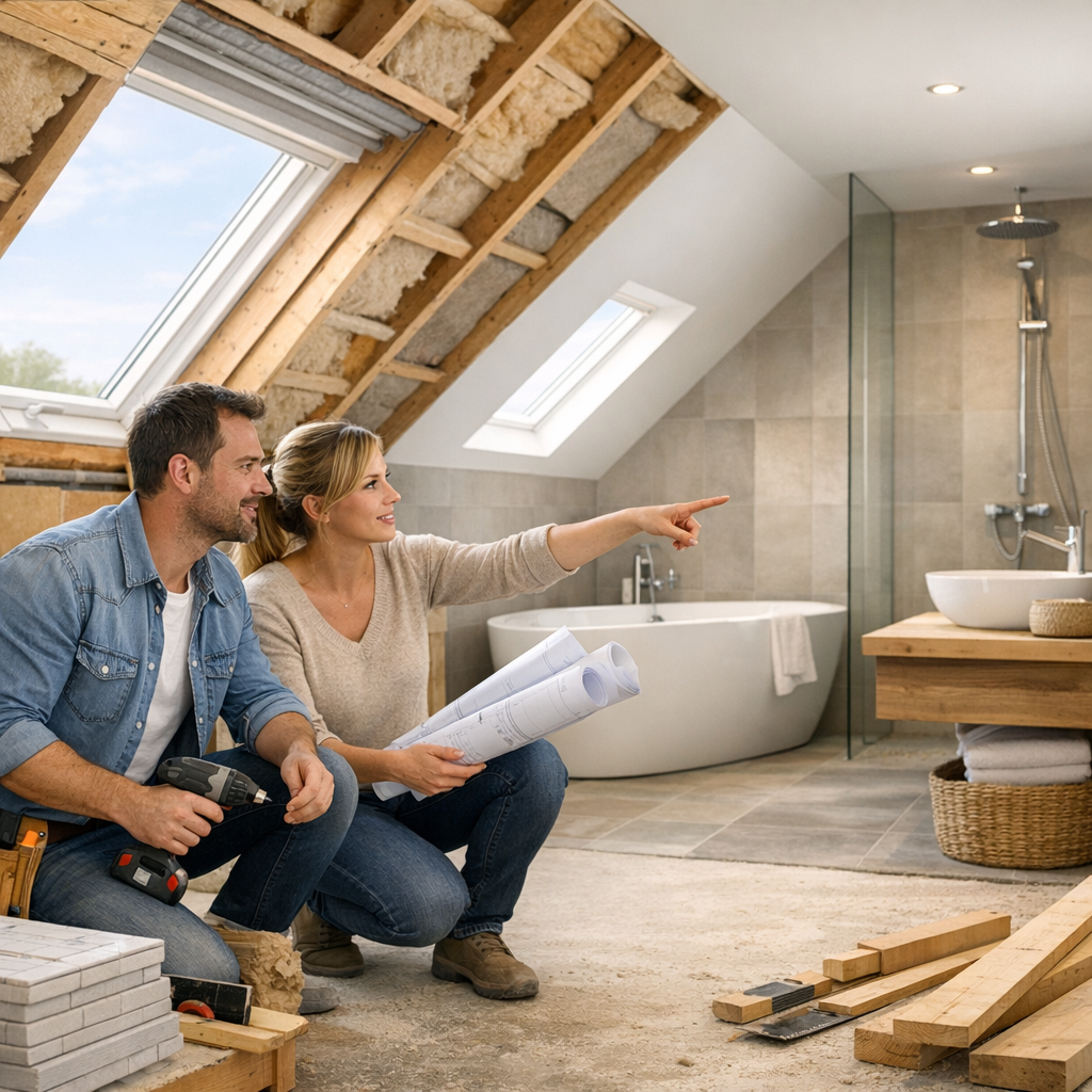 A man and woman are kneeling on a construction site, discussing plans for a bathroom renovation, with a bathtub and shower visible in the background.