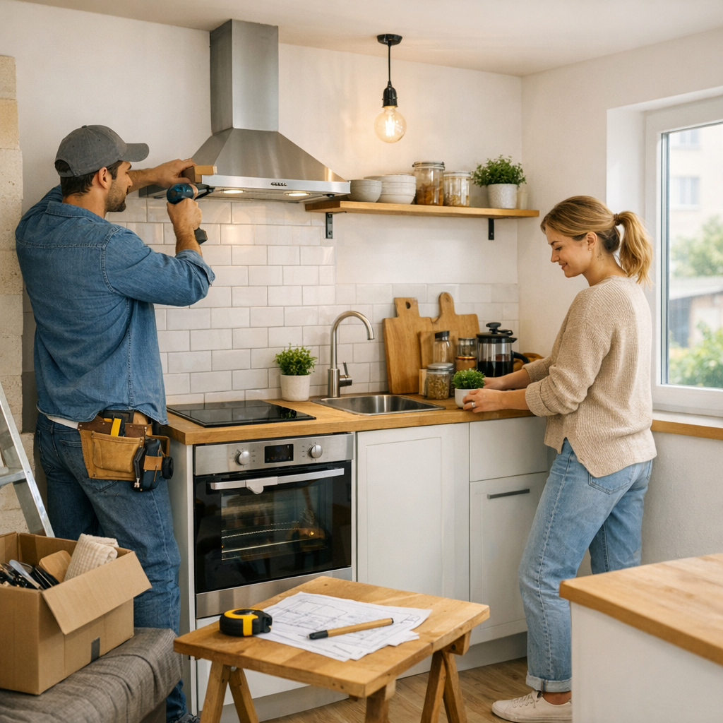A man installs a kitchen hood while a woman holds a potted plant beside the sink in a modern kitchen.