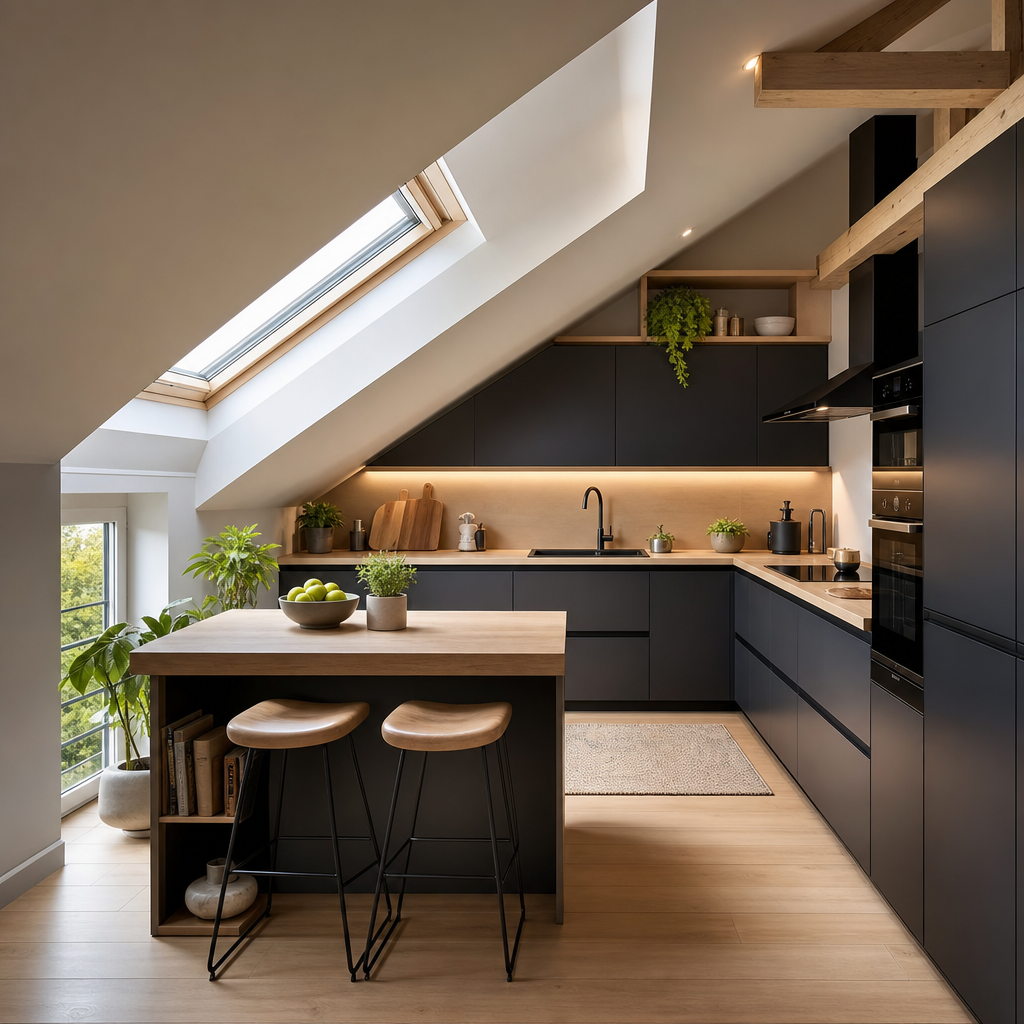 A modern kitchen features sleek black cabinets, a wooden island with two stools, a skylight, and various plants for decor.