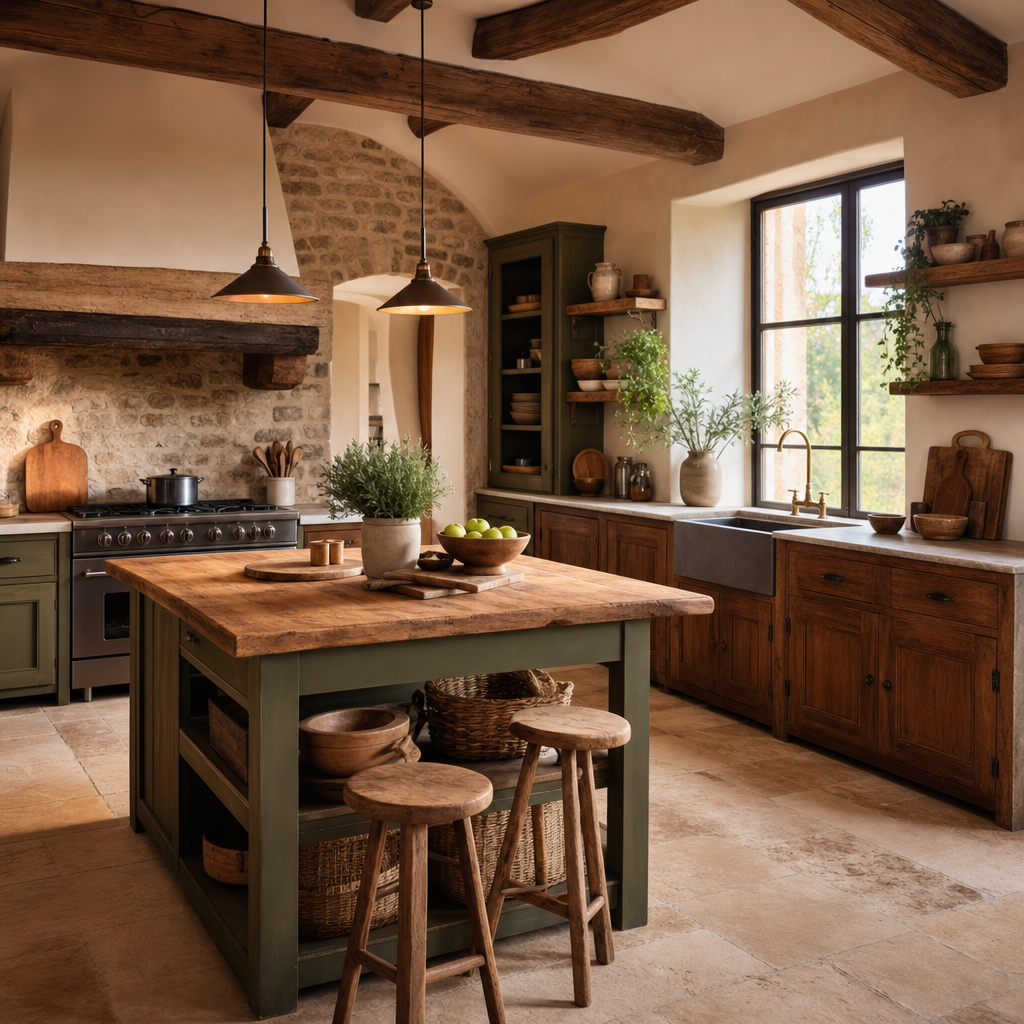 A rustic kitchen featuring a wooden island, green cabinets, a stone wall, and large windows with natural light.