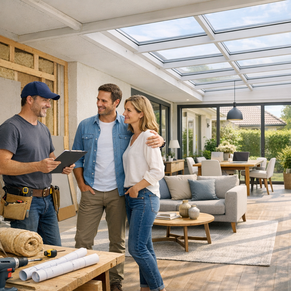Three people, a contractor and a couple, discuss renovations in a modern, open-concept living area with large windows and stylish furniture.