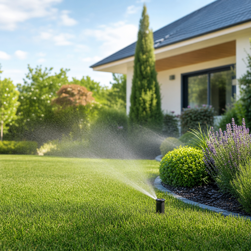 A lawn sprinkler sprays water onto a well-maintained garden with green grass and colorful plants near a house.