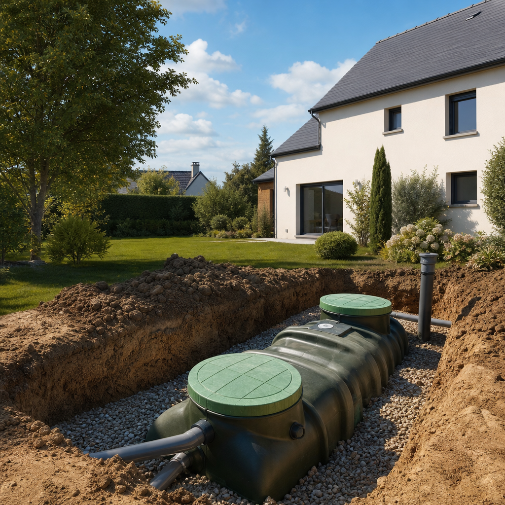 A septic tank with green lids is partially buried in a trench in front of a house, surrounded by a yard with trees and shrubs.