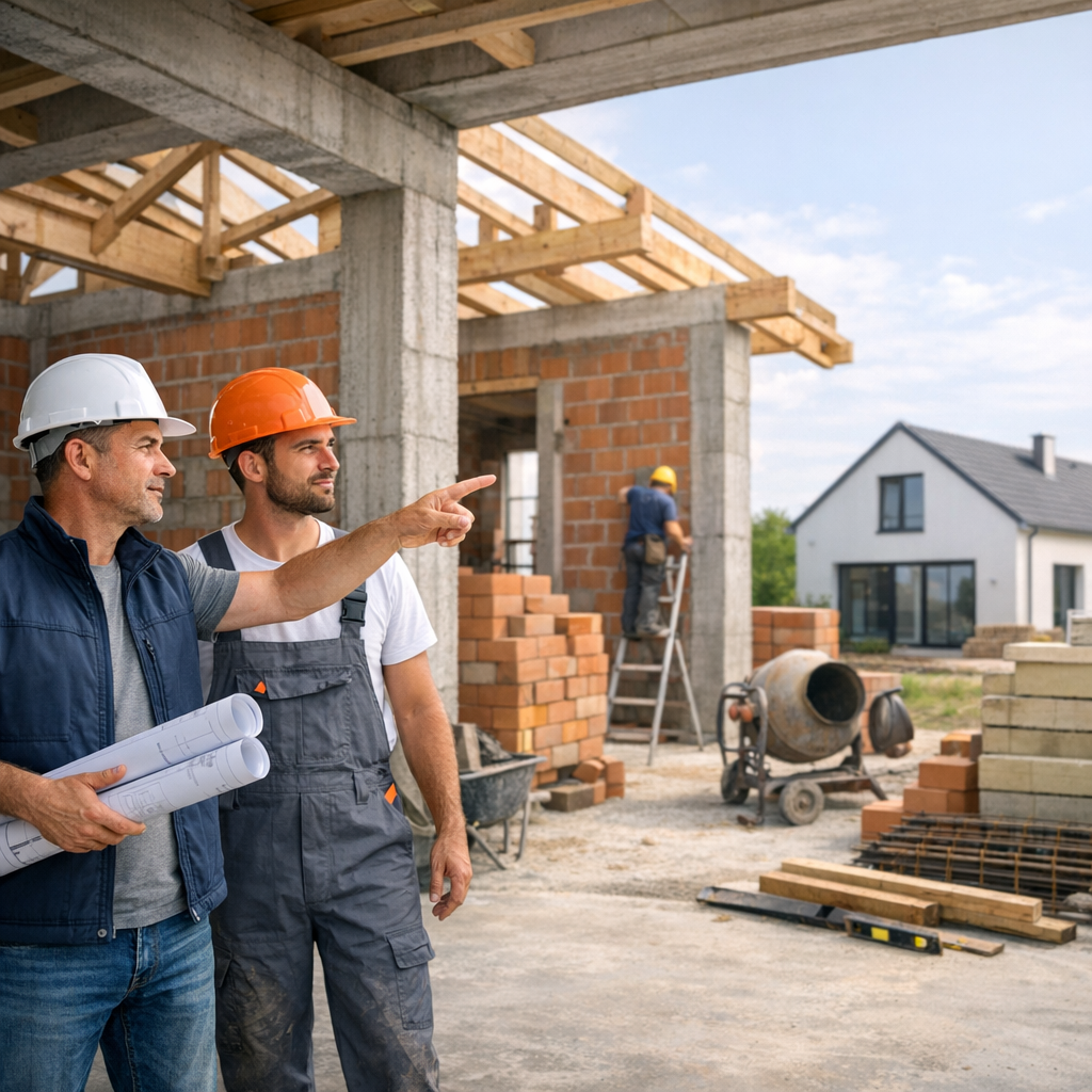 Two construction workers, one holding blueprints and the other pointing, discuss plans at a building site with a partially constructed house and workers in the background.
