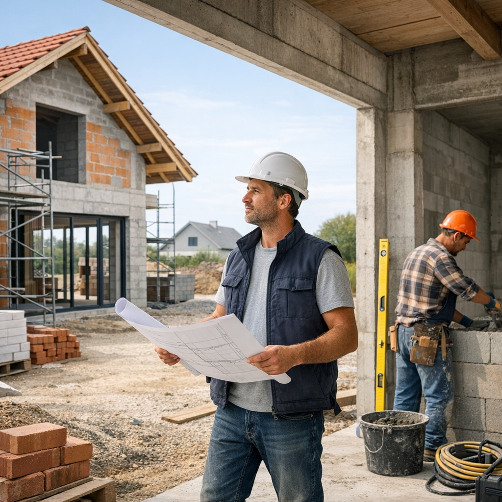 A construction worker in a hard hat examines blueprints outside a partially built home, with another worker in the background.