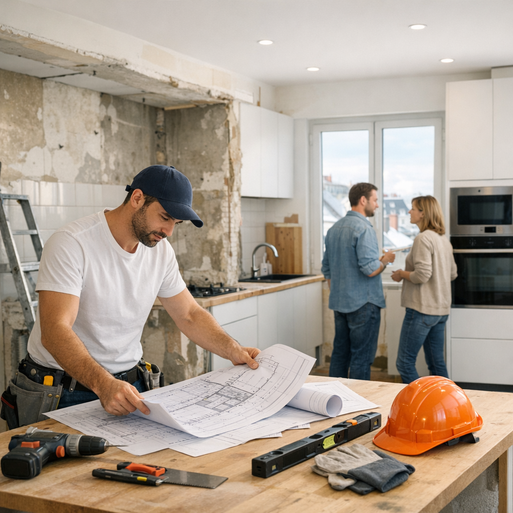A construction worker reviews blueprints on a table while a couple discusses in the background of a partially renovated kitchen.