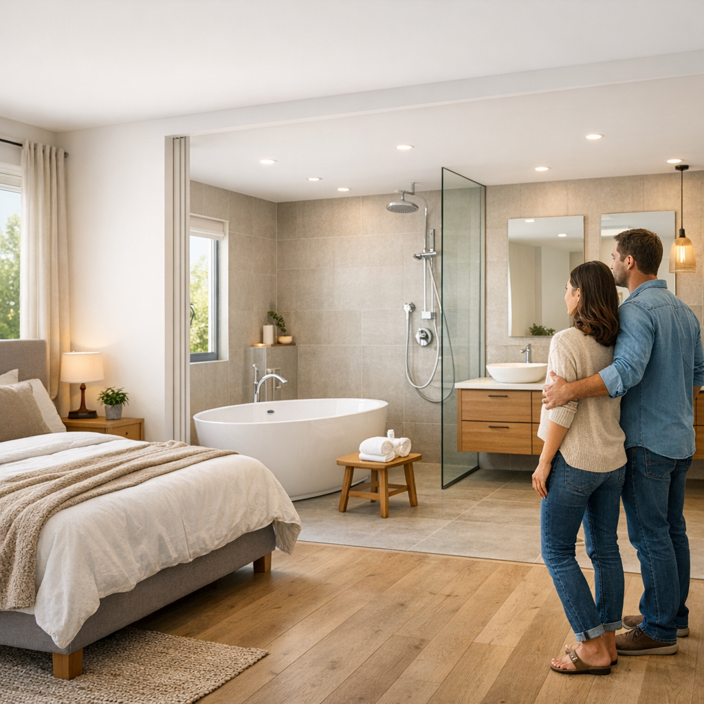 A couple stands together in a modern bedroom looking into an adjacent bathroom featuring a freestanding tub and walk-in shower.