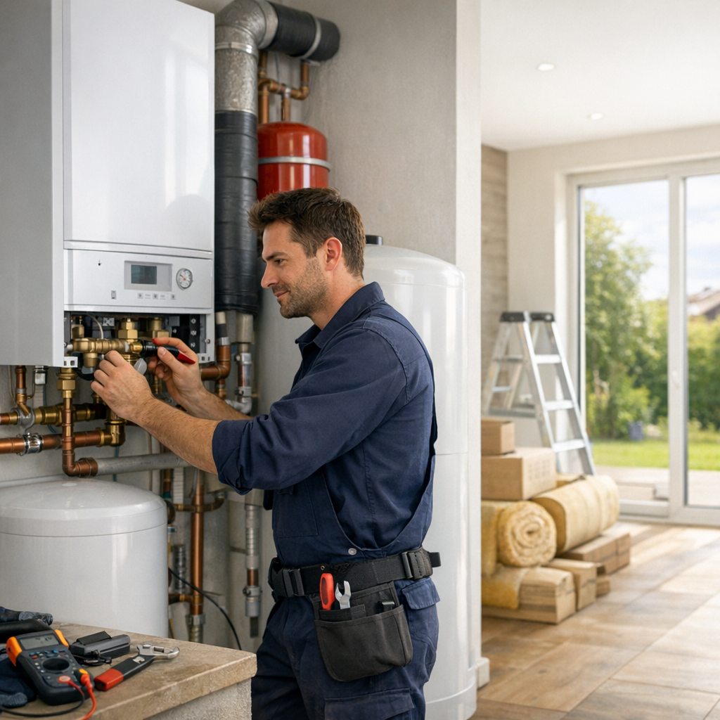 A technician in blue overalls is adjusting the pipes of a wall-mounted heating unit in a modern room with a ladder and insulation materials in the background.