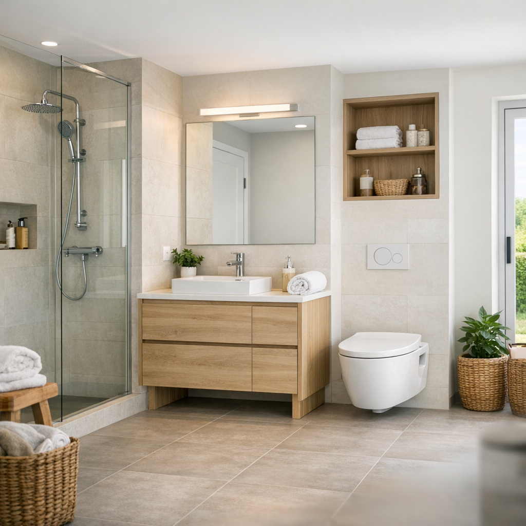 A modern bathroom featuring a glass shower, wooden vanity with a sink, large mirror, and a toilet, decorated with plants and towels.