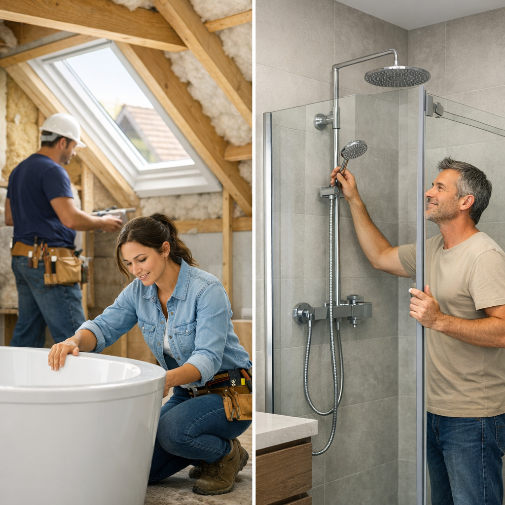 A woman installs a bathtub in an attic while a man adjusts a shower fixture in a modern bathroom.