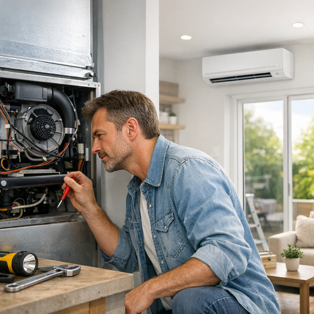 A man in a denim shirt repairs an appliance inside a modern home, using a screwdriver and examining its internal components.