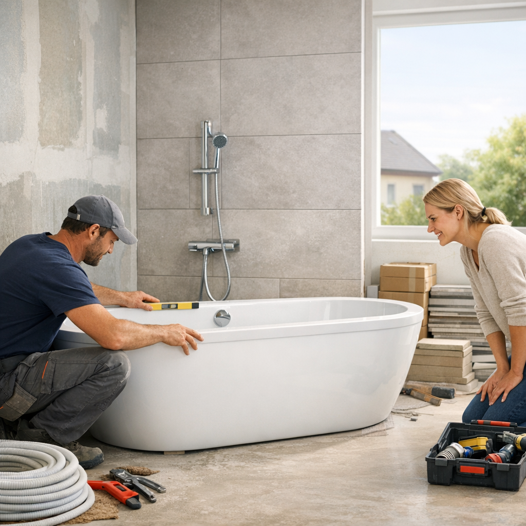 A man uses a level to align a white bathtub while a woman observes and smiles in a newly renovated bathroom.