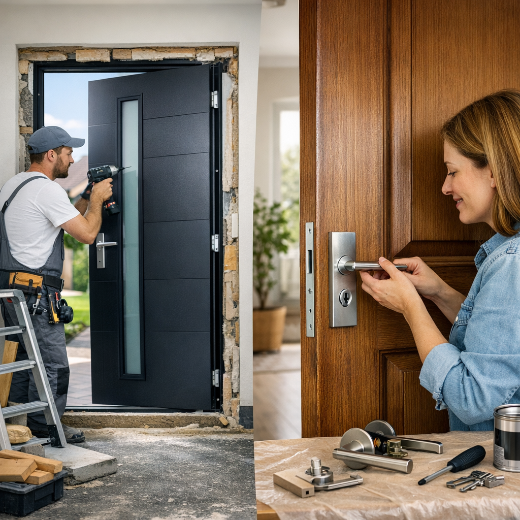 A man installs a black front door on the left while a woman assembles a door handle on a wooden door on the right.