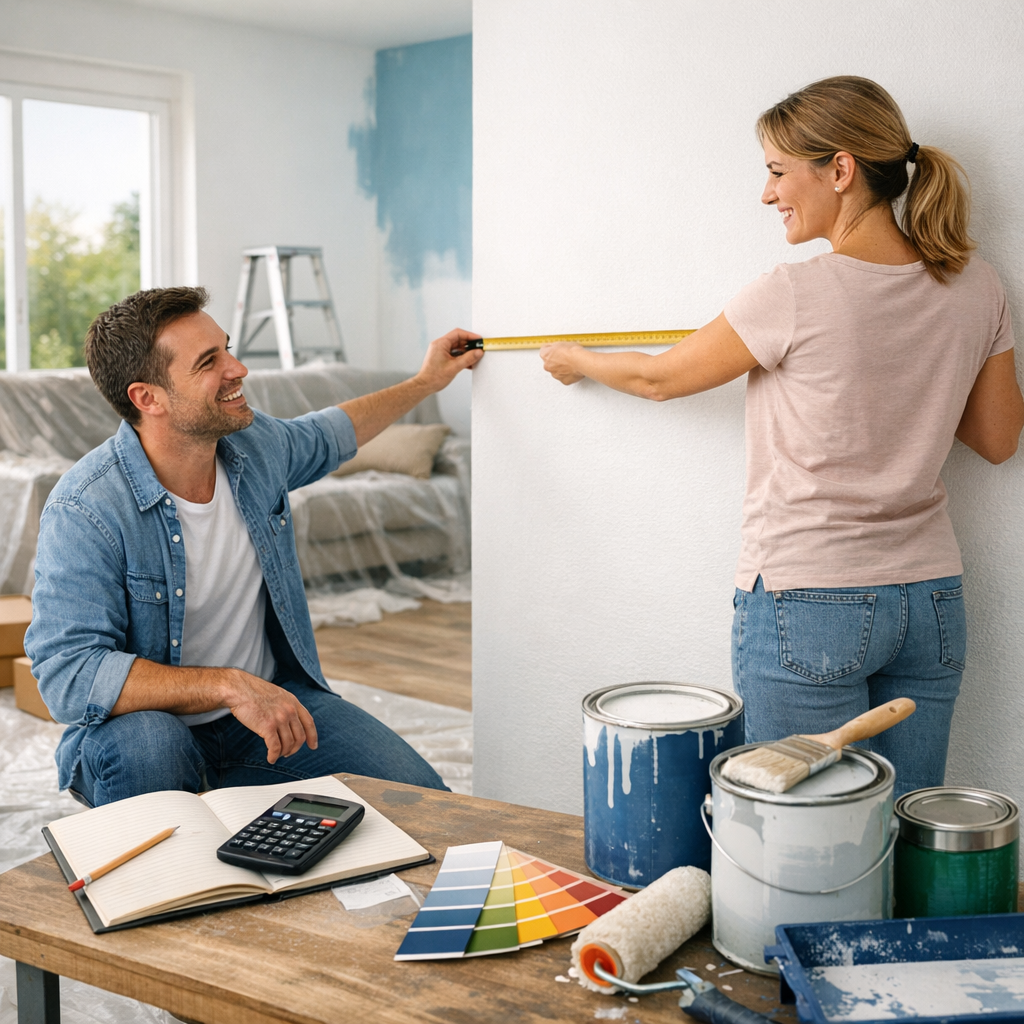 A man sits at a table smiling while a woman measures a wall with a tape measure in a partially painted room filled with paint supplies.