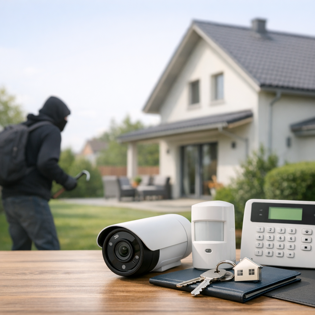A masked burglar with a crowbar approaches a house, while a security camera, motion sensor, keypad, house keys, and a small house model are displayed on a wooden table in the foreground.