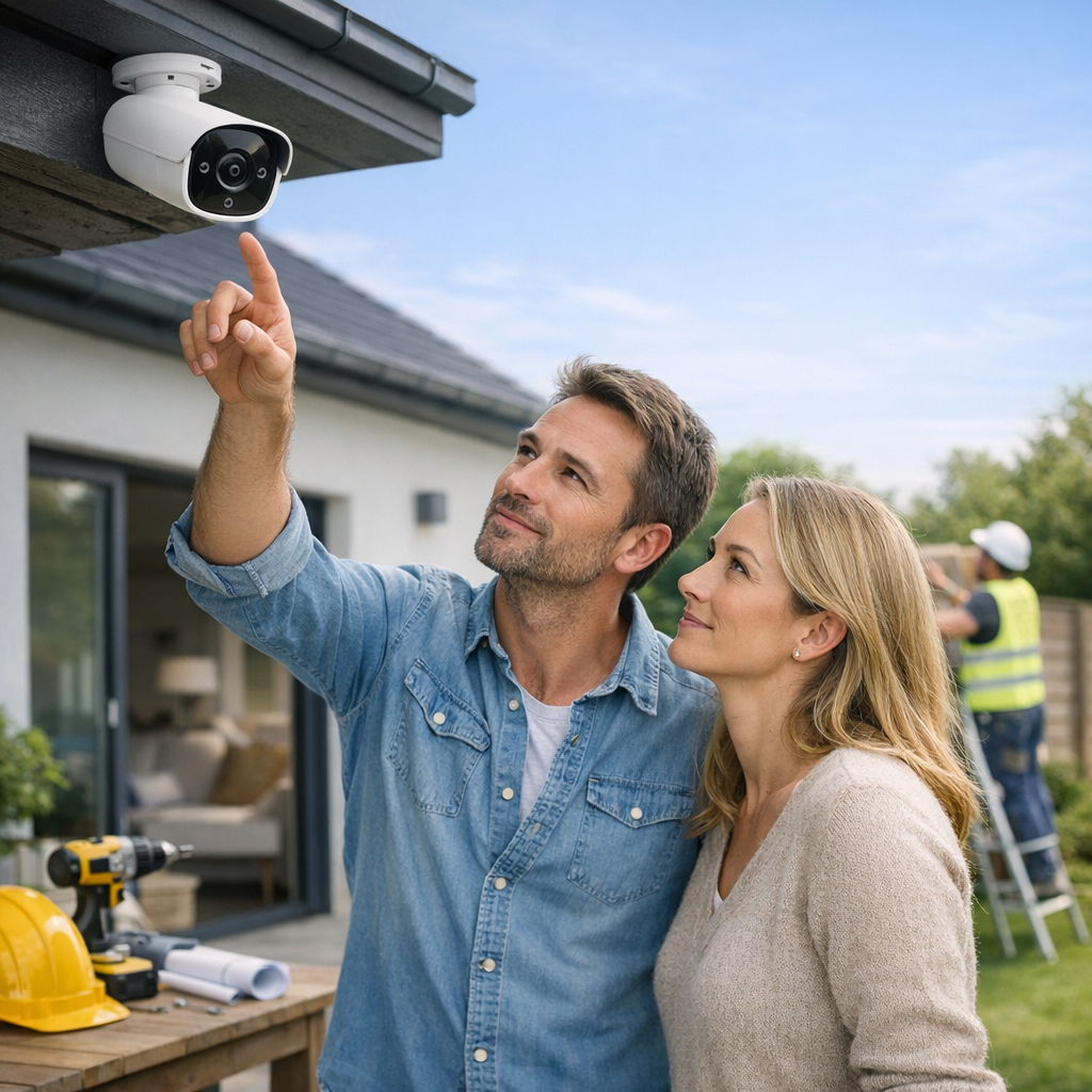 A man and a woman stand outside, looking up at a security camera mounted on the eaves of a house.
