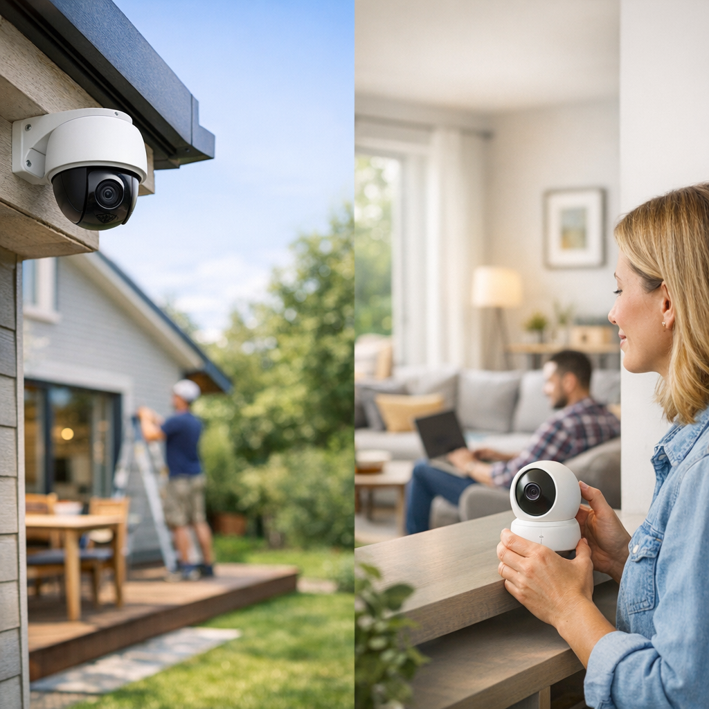 A security camera is mounted outside a house while a woman indoors holds a portable security camera, with a man sitting on a couch in the background.